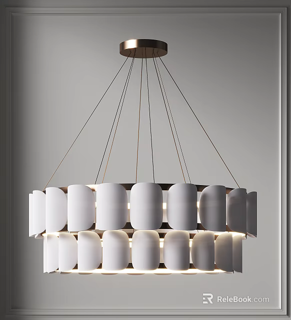 Modern Chandelier With White Cylindrical Shades And Metal Suspension Wires 3d model 