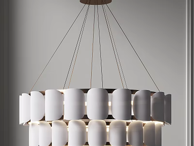 Modern Chandelier With White Cylindrical Shades And Metal Suspension Wires 3d model