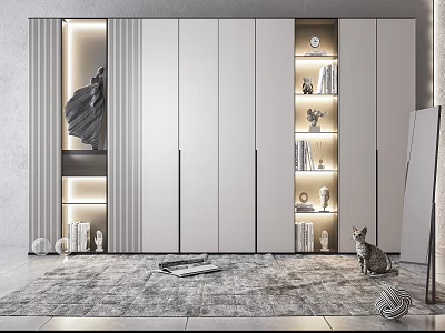 Modern White Grey Decorative Cabinet With Open Shelves Lighting And Ornaments 3d model