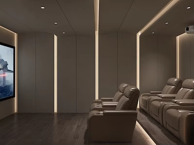 Modern Home Theater Interior With Large Screen Leather Seats And Ambient Lighting 3d model