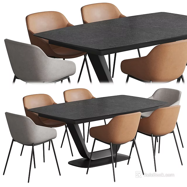 Rectangular Black Dining Table Set With Gray And Brown Upholstered Chairs 3d model