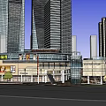 Modern Urban Commercial Complex With Shopping Mall Plaza Tall Buildings And Greenery