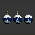 Three Piece Blue Snowy Castle Ornament Set With Gold Hooks And Shiny Reflective Surface