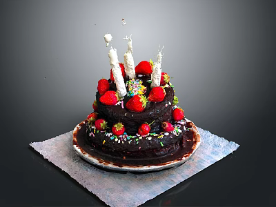 Two Layer Chocolate Cake Topped With Fresh Strawberries White Candles And Colorful Sprinkles 3d model