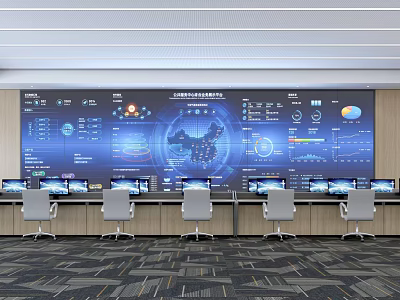 Modern Monitoring Room With Large Digital Screen Console Desk Multiple Monitors And Data Charts 3d model
