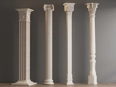 White Decorative Columns with Various Classical Design Styles Against Grey Background and Wooden Floor 3d model