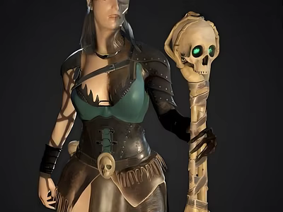 A Woman In Armor With Skull Decoration Holding Staff With Green Eyed Skull 3d model