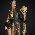 A Woman In Armor With Skull Decoration Holding Staff With Green Eyed Skull