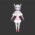 Anime Game Character With White Horns Purple Hair And Pink White Ruffle Dress