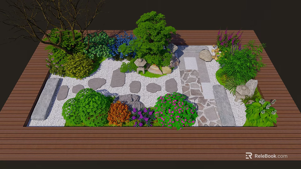 Garden Landscape Design With Green Trees Various Plants Stone Pathways And Decorative Stones 3d model 
