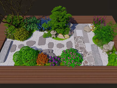 Garden Landscape Design With Green Trees Various Plants Stone Pathways And Decorative Stones 3d model