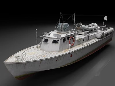 Detailed White Warship With Weathered Deck Red Lifebuoy Flag and Navigation Equipment 3d model