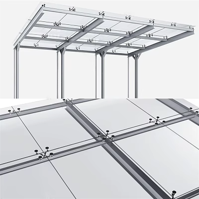 Modern Sunshade Structure Featuring Metal Frame And Transparent Roof Panels With Sturdy Poles 3d model