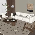Modern Sofa And Wooden Coffee Table Set With Geometric Rug Armchairs Floor Lamp And Decorative Plant