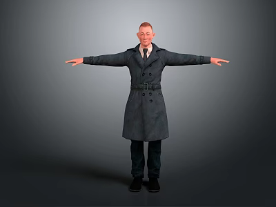 Male Character In Dark Trench Coat Standing With Arms Outstretched And Short Hair 3d model