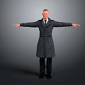 Male Character In Dark Trench Coat Standing With Arms Outstretched And Short Hair