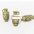 Three Vintage Ceramic Vases With Intricate Decorative Patterns And Brass Finish 3d model