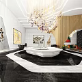 Modern Sales Office Lobby Design Featuring Chandelier Marble Floor And Front Desk