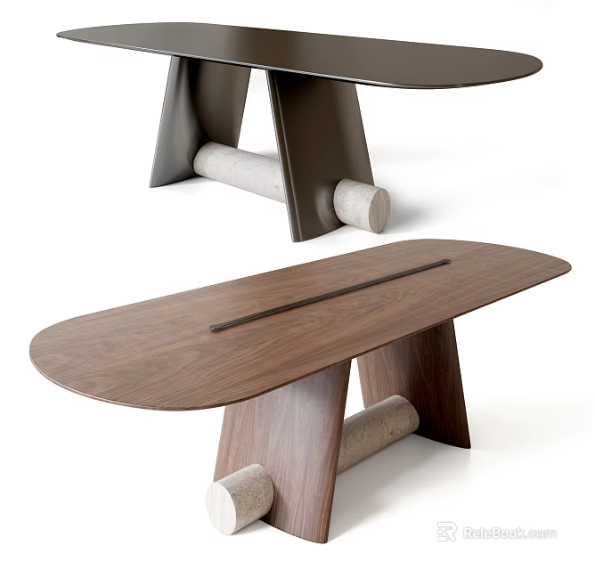 Modern Oval Walnut Dining Table With Unique Wooden Base And Cylindrical Supports 3d model 