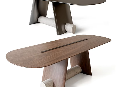 Modern Oval Walnut Dining Table With Unique Wooden Base And Cylindrical Supports 3d model