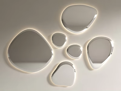 Multiple Irregular Shaped Mirrors with Illuminated Edges Mounted on White Wall 3d model