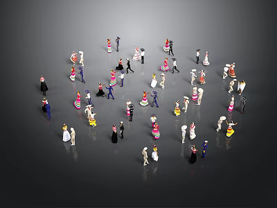 Miniature People Figurines Dressed In Various Costumes Gathered On Dark Surface 3d model