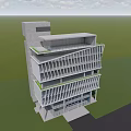 Modern Geometric Office Building With Glass Facade Metal Frames And Green Accent Bands