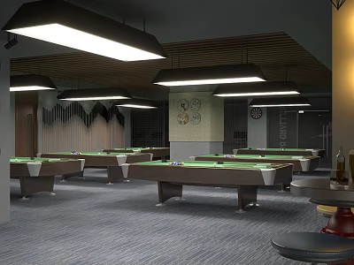 Modern Billiard Room Interior With Pool Tables Hanging Lights And Gray Flooring 3d model