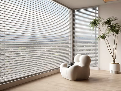 White Lazy Sofa on Light Wooden Floor by Large Windows with Blinds and Green Plant 3d model