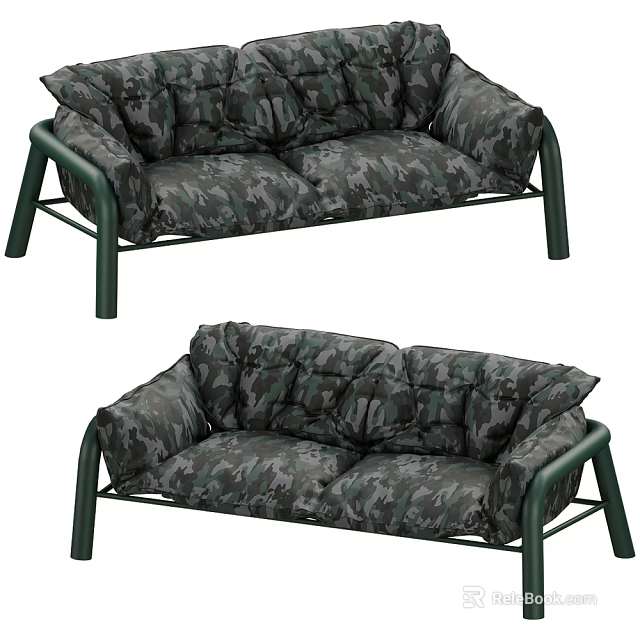 Camouflage Pattern Two Seater Sofa With Green Metal Frame And Plush Cushions 3d model 