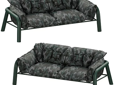 Camouflage Pattern Two Seater Sofa With Green Metal Frame And Plush Cushions 3d model