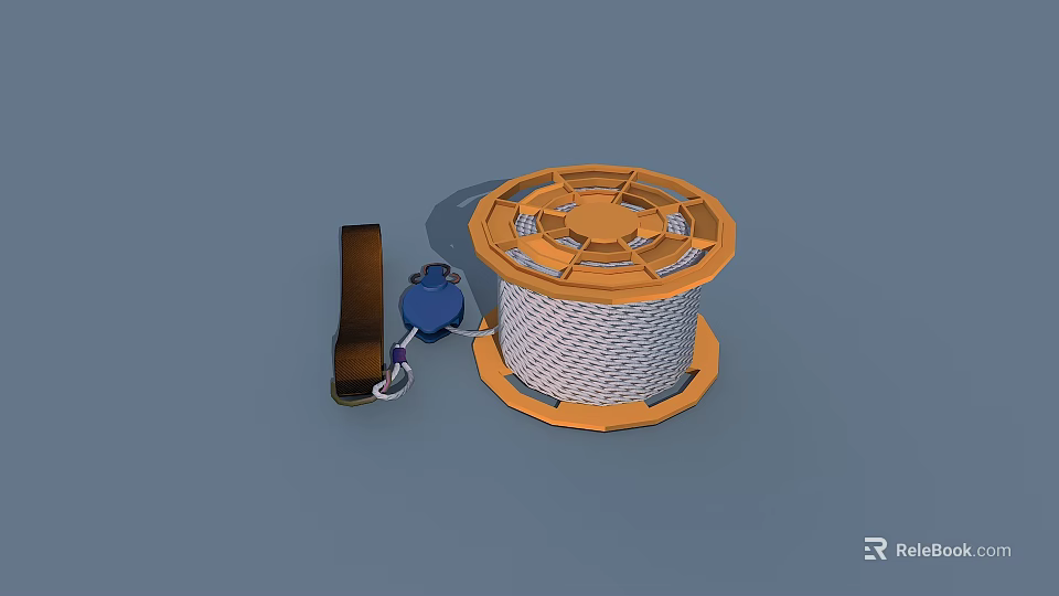 Industrial Equipment Heavy Duty Rope Reel With Orange Frame White Rope And Hook 3d model 