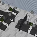 Modern Office Desk Setup With Partition Curved Floor Lamps Green Plants And Gray Seats
