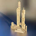 Detailed Wooden Architectural Model With Tall Towers Archway Steps And Decorative Details
