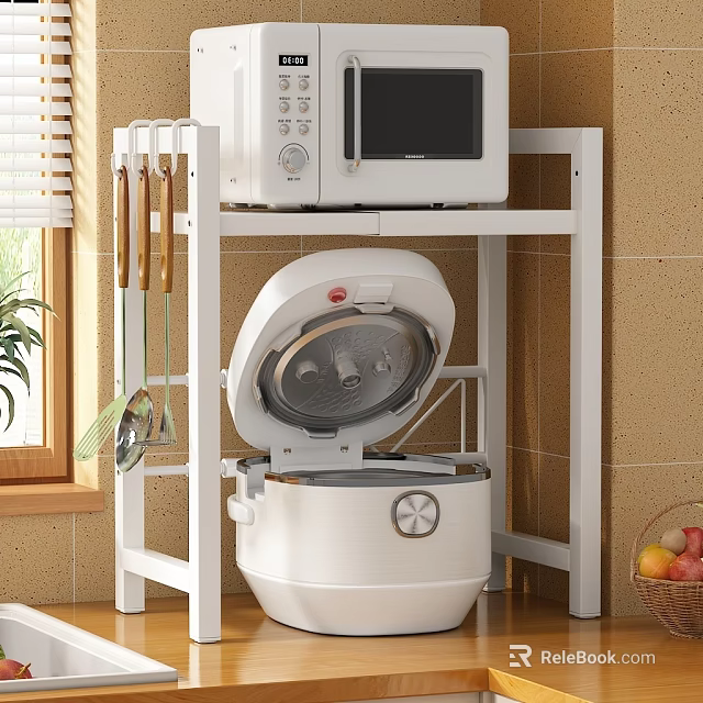 White Kitchen Storage Shelf with Microwave Rice Cooker Hanging Utensils Window Plant Fruit Basket 3d model 