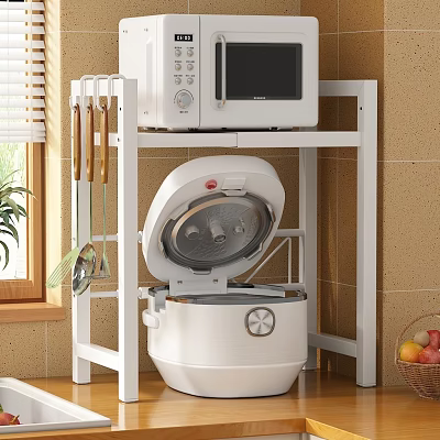 White Kitchen Storage Shelf with Microwave Rice Cooker Hanging Utensils Window Plant Fruit Basket 3d model