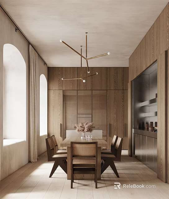Modern Wooden Dining Living Room Interior With Hanging Chandelier Dining Table And Chairs 3d model 