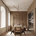 Modern Wooden Dining Living Room Interior With Hanging Chandelier Dining Table And Chairs