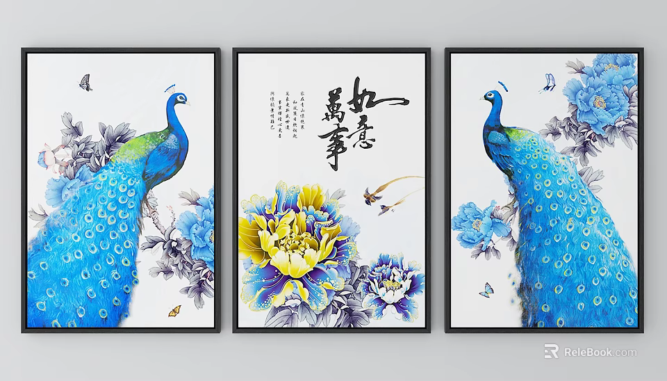 Chinese Style Decorative Wall Art With Blue Peacocks Peony Flowers Calligraphy And Butterflies 3d model 
