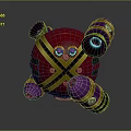 Red Mechanical Sphere Featuring Yellow Cross Straps Purple Gold Components And Glowing Blue Eyes
