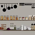 Complete Kitchen Utensil Set With Hanging Rod Silver Pans Glassware Shelves Canned Goods And Fruits