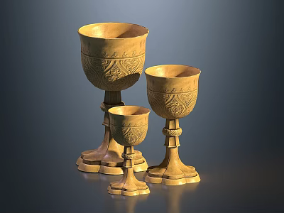 Golden Ceramic Vessels with Intricate Carvings and Different Sizes on Elegant Tall Pedestal Bases 3d model