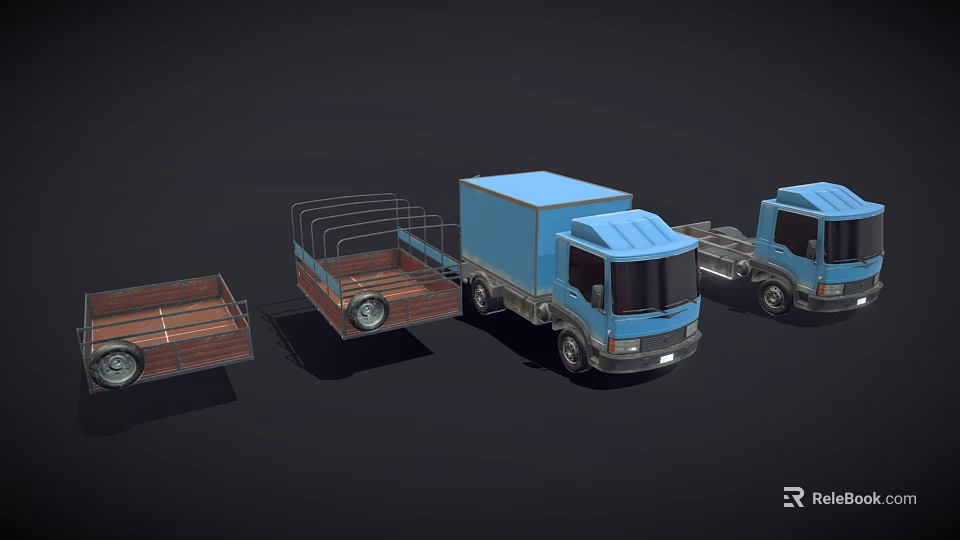 3D Rendered Blue Trucks With Various Trailer Types Including Flatbed Caged And Enclosed 3d model 