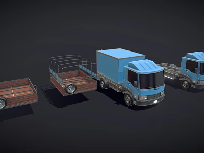 3D Rendered Blue Trucks With Various Trailer Types Including Flatbed Caged And Enclosed 3d model