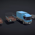 3D Rendered Blue Trucks With Various Trailer Types Including Flatbed Caged And Enclosed