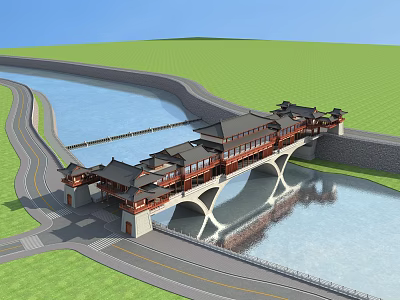 Scenic Traditional Chinese Bridge With Arch Structure Over River And Green Surroundings 3d model