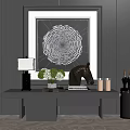 Ornamental Decor Set On Console Table With Spiral Artwork Lamp Green Plant Horse Sculpture Candles