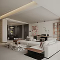 Modern Living Dining Room Interior With Sofa Marble Coffee Table Decorative Painting And Bookshelf