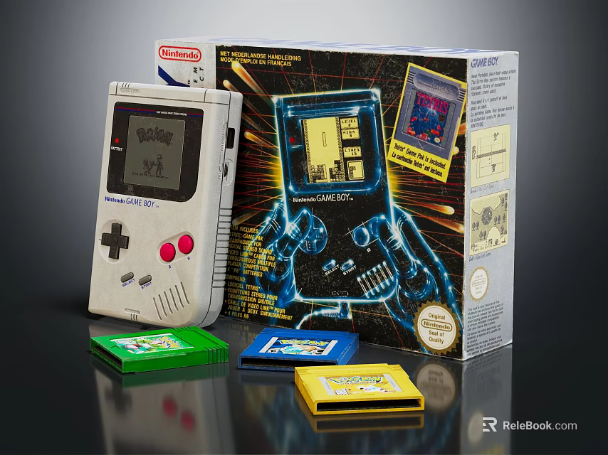 Nintendo Game Boy Retro Entertainment Console With Colorful Game Cartridges And Packaging Box 3d model 