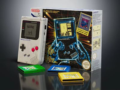 Nintendo Game Boy Retro Entertainment Console With Colorful Game Cartridges And Packaging Box 3d model